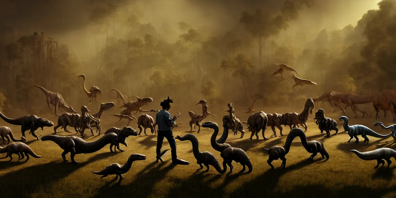 Prompt: old man sitting on wood chair and herding a herd of small dinosaurs in an alternate prehistoric past, in steam punk style, very high details, raytracing, back light, raymarching, by ilm, by digital domain, by weta digital