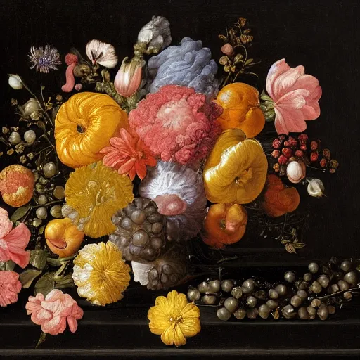 Prompt: a painting of flowers and fruit on a black background, a flemish baroque by jan davidsz. de heem, shutterstock contest winner, baroque, flemish baroque, dutch golden age, rococo