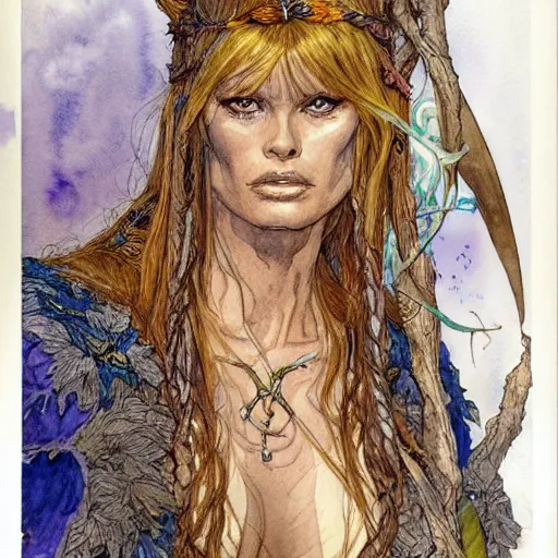 Image similar to a realistic and atmospheric watercolour fantasy character concept art portrait of brigitte bardot as a druidic warrior wizard looking at the camera with an intelligent gaze by rebecca guay, michael kaluta, charles vess and jean moebius giraud