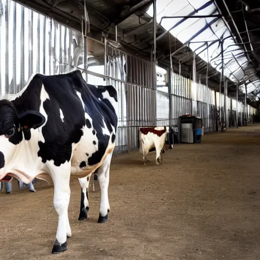 Image similar to bottle of milk and a cow, inside slaughterhouse