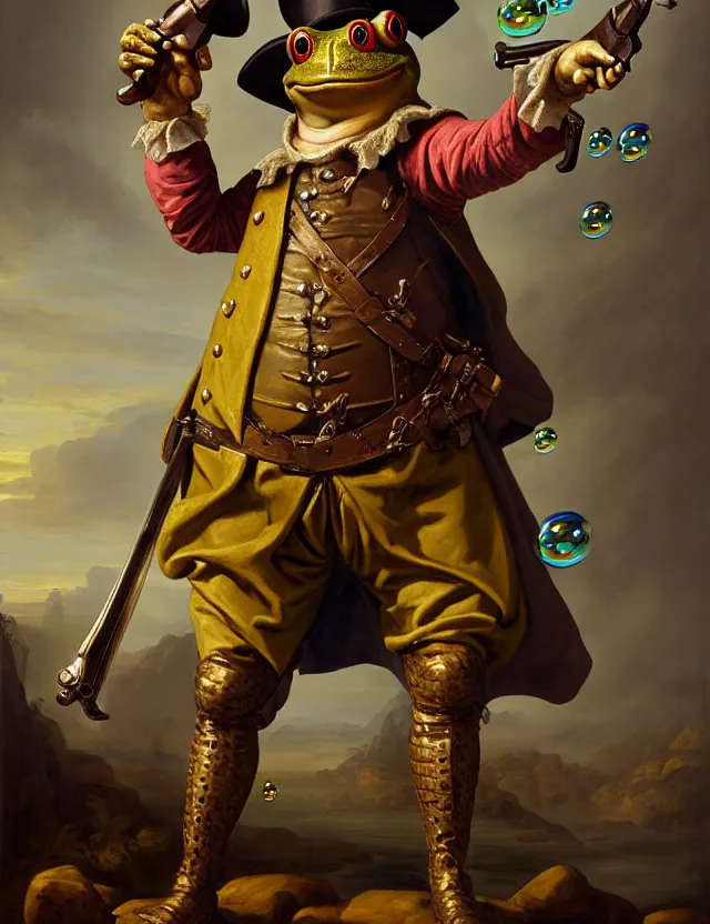 Image similar to anthropomorphic bipedal frog that is dressed as a medieval worker, and dual wielding revolver pistols, as a baroque oil painting and d & d character art, by alexander roslin, standing, fullbody, floating bubbles, enlightenment, mystic, concept art, award - winning, extremely detailed, sharp focus