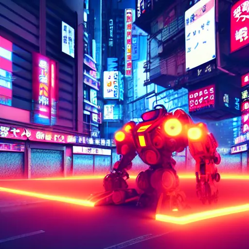Image similar to market in japan, cyberpunk style, big mecha - bot in center of field on first plan, bright neon signs, sunny weather, octane render, 3 d render, hard surface, trending on artstation, featured on pixiv, hyper - detailed, hd, hdr, 4 k, 8 k
