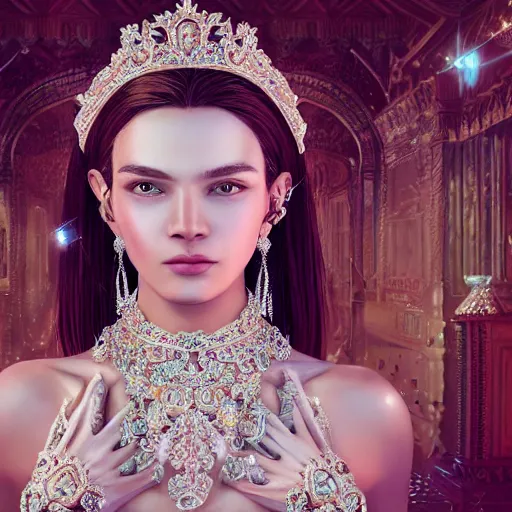 Image similar to portrait of pretty princess with perfect skin, glowing, ornate and intricate diamond jewelry, jaw dropping beauty, ornate and intricate backdrop, white accent lighting, hyper detailed, 4 k octane render