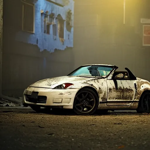 Prompt: decaying white 350z roadster abandoned in alley night time decrepit shot from bladeruner 2049 soft lighting dark shadows beautiful 35mm camera Roger Deakins