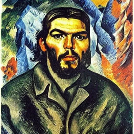 Image similar to a portrait of che guevara in a scenic landscape, by umberto boccioni