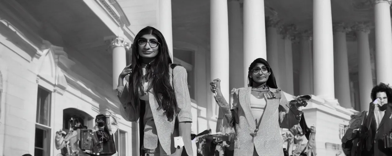 Image similar to mia khalifa in front of the white house, national geographic, canon 5 0 mm, cinematic lighting, photography, retro, film, kodachrome