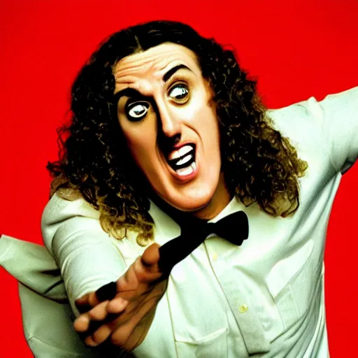 Image similar to weird al pointing at the word “gullible” on the ceiling