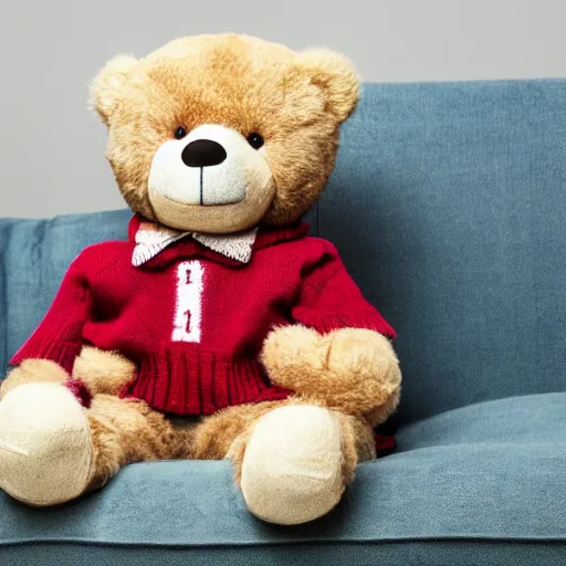 Image similar to a teddy bear with a creepy!! smile wearing a sweater vest sitting on a couch, 4 k photo