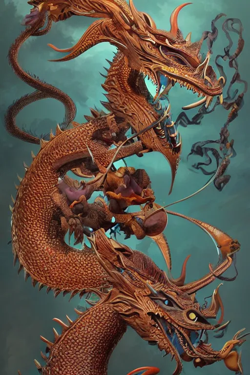 Image similar to a beautiful and detailed a thai dragon by Chalermchai Kositpipat and Ghibli Studios,featured in artstation, cinematic lighting, omnious sky