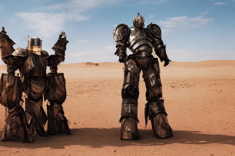 Image similar to photograph of a man in a very oversized mech armor that is 3 0 feet tall and 1 0 feet wide. his head is very small sticking out of the armor. desert setting. high detail.