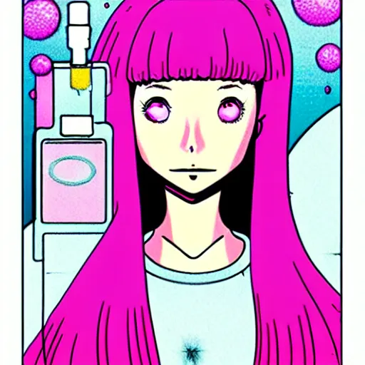 Image similar to realistic dark retro pulp sci - fi colored manga illustration of princess bubblegum by junji ito, with pink hair made of bubblegum, confident scientist performing experiments in her lab