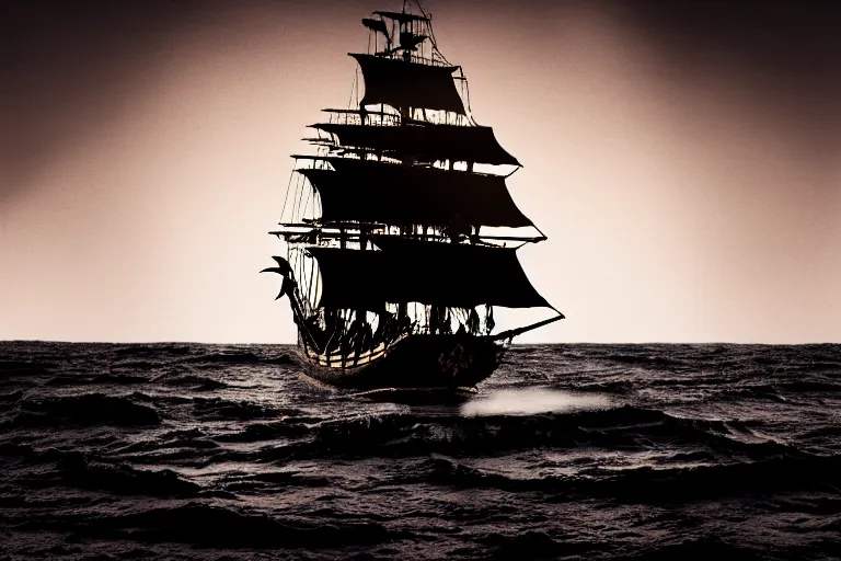 Prompt: the black pearl from pirates of the caribbean sailing across rough and cruel seas, volumetric lighting, f 8 aperture, cinematic eastman 5 3 8 4 film