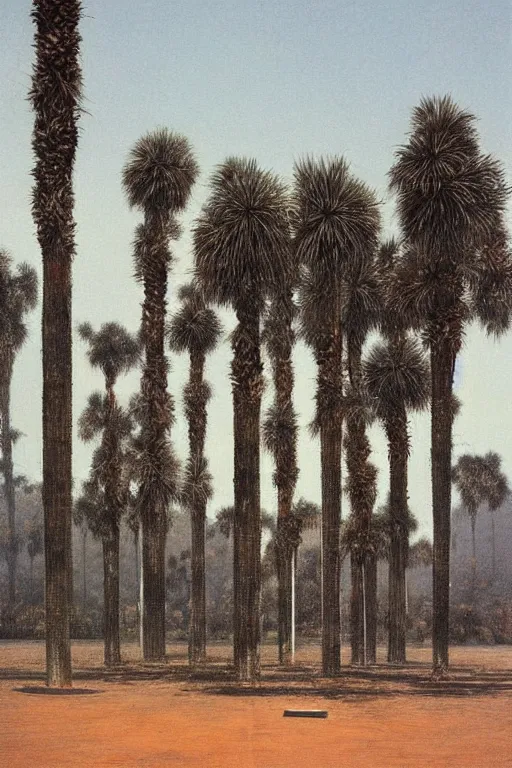 Image similar to southern california palm trees! empty parking lot painted by beksinski