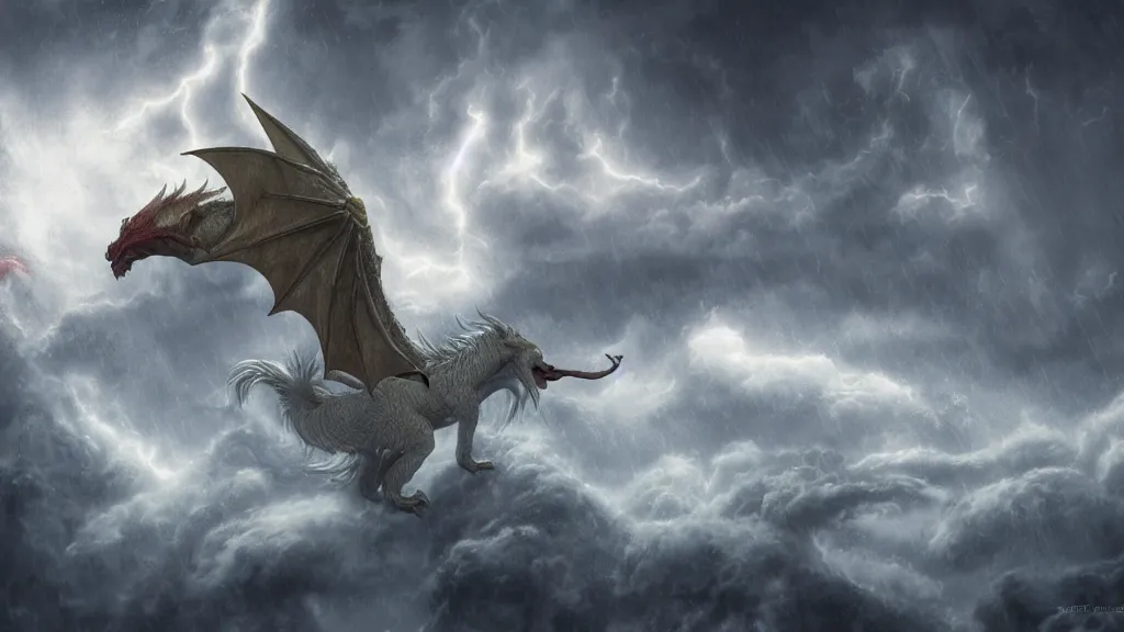 Image similar to falcor the long - bodied luck dragon flying through an epic storm called the nothing. the neverending story. rutkowski. melancholy undertones. deviantart. artstation. 3 8 4 0. 2 1 6 0.