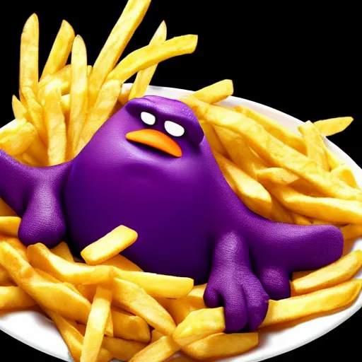 Image similar to real color photograph of grimace violently eating French fries