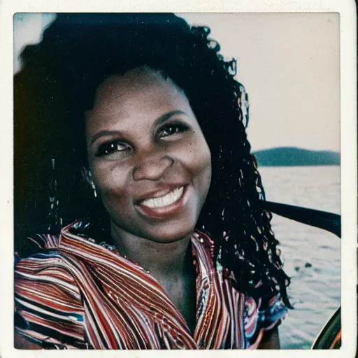 Image similar to a medium full shot, german and eastern european mixture polaroid photograph depicting a black woman with dark brown skin, long, swirling black hair, and jade colored eyes, on a sailing boat. she is wearing wearing a yachting dress ensemble in 1 9 8 2.