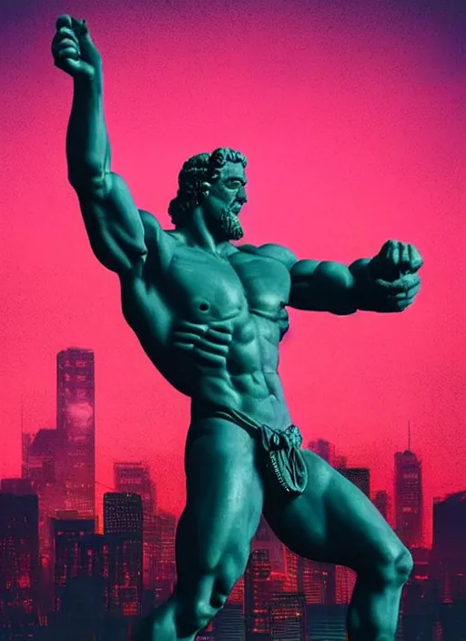 Image similar to statue of hercules looking angry, beeple, vaporwave, retrowave, black background, neon, black, glitch, strong contrast, neon wiring, cuts, american gods intro, pinterest, trending on artstation