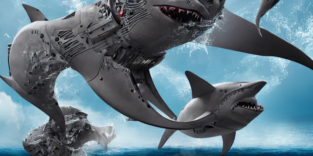 Prompt: very powerful shark and whale mystical statue robot, highly detailed, 8 k, masterpiece, super resolution.