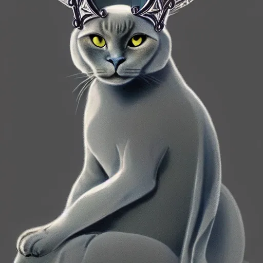 Image similar to gray burmese cat wearing royal crown and robes sitting on thrown, artstation, fantasy