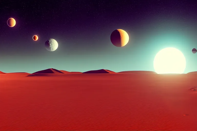 Prompt: a desert world planet with 3 moons in the sky hyper-realistic photo artistic trending on artstation beautiful scenic octane render reddish hue