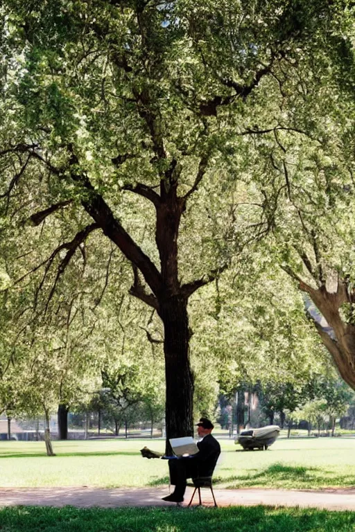 Image similar to a detective from the 5 0's, sitting in a park under a big tree