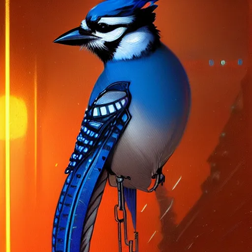 Prompt: female anthropomorphic blue jay with exquisite feathers and wearing a tie and vest in a cyberpunk city at night. Neon lights. Renowned character illustration by greg rutkowski, thomas kindkade, alphonse mucha, loish, norman rockwell.