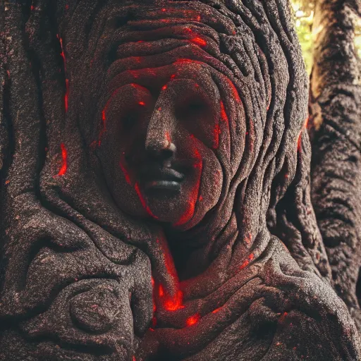 Image similar to beautiful lava human figure, exotic trees, bare bark, dark eyes, low angle mist, high octane, frostbite, 8 k, cinematic, 3 5 mm