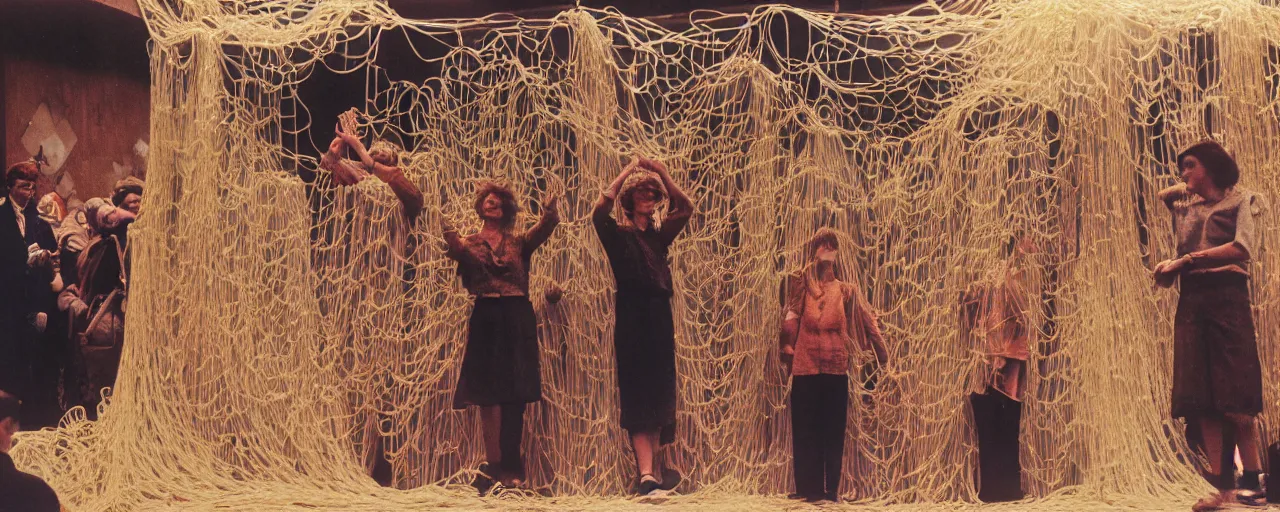 Image similar to hippies standing on a stage made of spaghetti protesting the war, 1 9 6 0's, muted, canon 5 0 mm, cinematic lighting, photography, retro, film, kodachrome