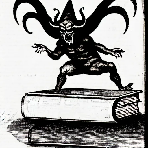 Image similar to a devilish spirits emerging from a book ontop of a computer, renaissance era sketch, satanic, ritual