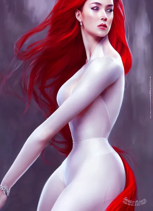 Prompt: photo of a gorgeous female with long red her, dressed in a white transparant gown in the style of stefan kostic, realistic, sharp focus, 8 k high definition, insanely detailed, intricate, elegant, art by stanley lau and artgerm