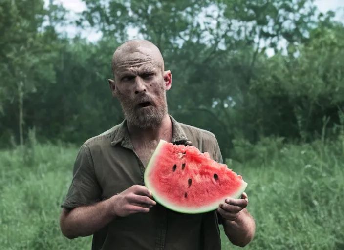 Image similar to film still of a man with a watermelon for a head in the new horror movie, 4 k