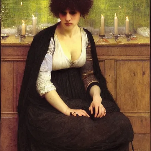 Image similar to a renaissance oil painting portrait by alma tadema of a mourning widow crying in sorrow in a dark room surrounded by candles, colourful pastel, detailed academic bouguereau, sharp focus