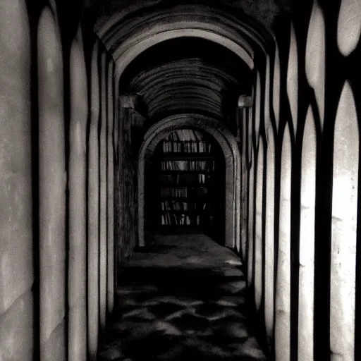 Prompt: a gloomy shadowy midnight crypt room full of darkness with bookshelves. contrast:0, brightness:0. tags: chiaroscuro, darkframe, gothic. Low contrast, dim. This is a dim image.