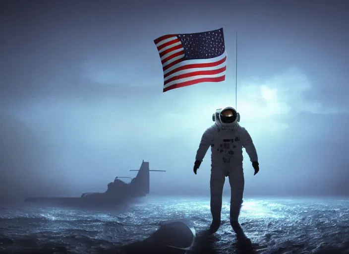 Image similar to astronaut holding a flag in an underwater desert. a submarine is visible in the distance. dark, concept art, cinematic, dramatic, atmospheric, 8 k, trending on artstation, blue, fish, low visibility, fog, ocean floor, christopher nolan, interstellar