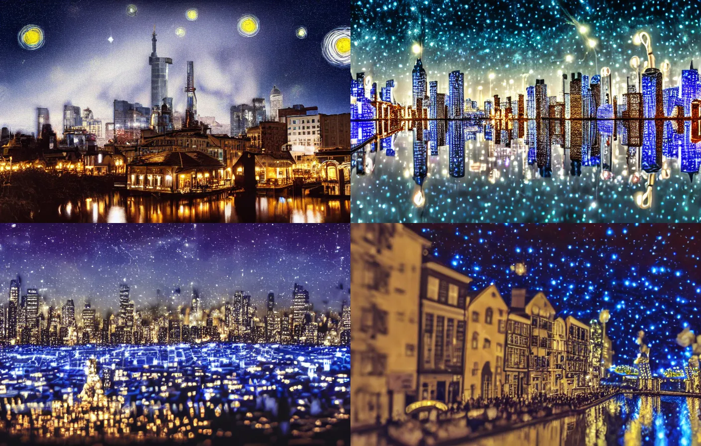 Prompt: A porcelain city model at a starry night, city led lights, tilt shift, high contrast, reflections, Canon TS-E 17mm f/4, pristine quality wallpaper