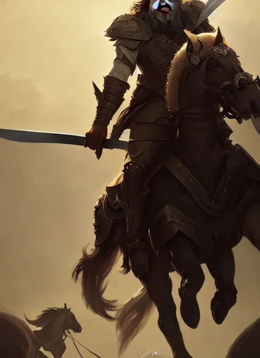 Image similar to epic bearded war commander holding gigantic sword and large shield riding a horse. highly detailed, digital painting, concept art, smooth, sharp focus, illustration, art by greg rutkowski