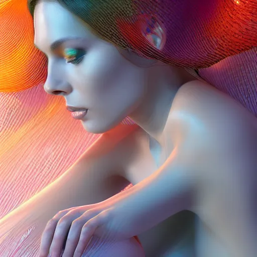 Image similar to a highly detailed digital image of an elegantly posed futuristic woman beautifully intertwined in chromatic liquid like leaves, full body shot, by Andrew Chiampo, artstation, and Frederik Heyman, extremely detailed woman, stunning volumetric lighting, hyper realism, fantasy 4k