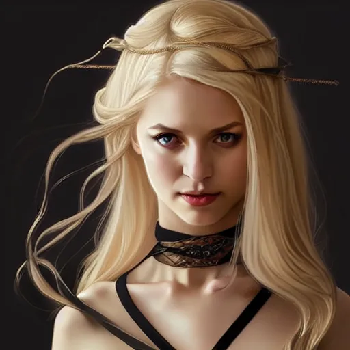 Image similar to Portrait of seductive female priest, D&D, revealing stylish dress, choker on neck, long blonde hair, mouth slightly open, slight nerdy smile, fantasy, intricate, elegant, highly detailed, digital painting, artstation, concept art, smooth, sharp focus, illustration, art by artgerm and greg rutkowski and alphonse mucha