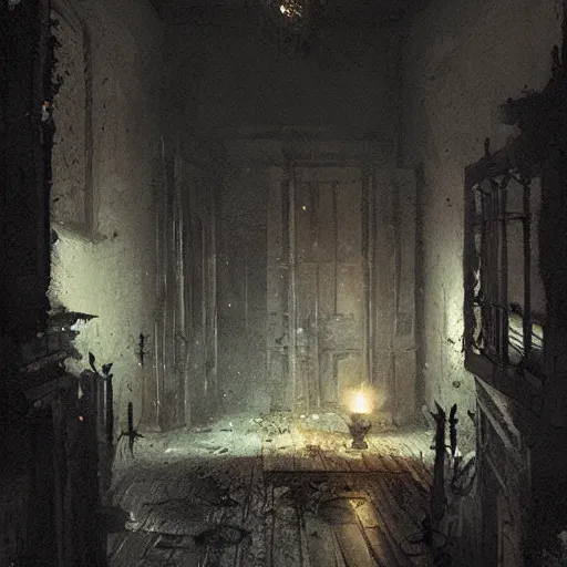 Image similar to interior of a haunted house at night, horror, by greg rutkowski