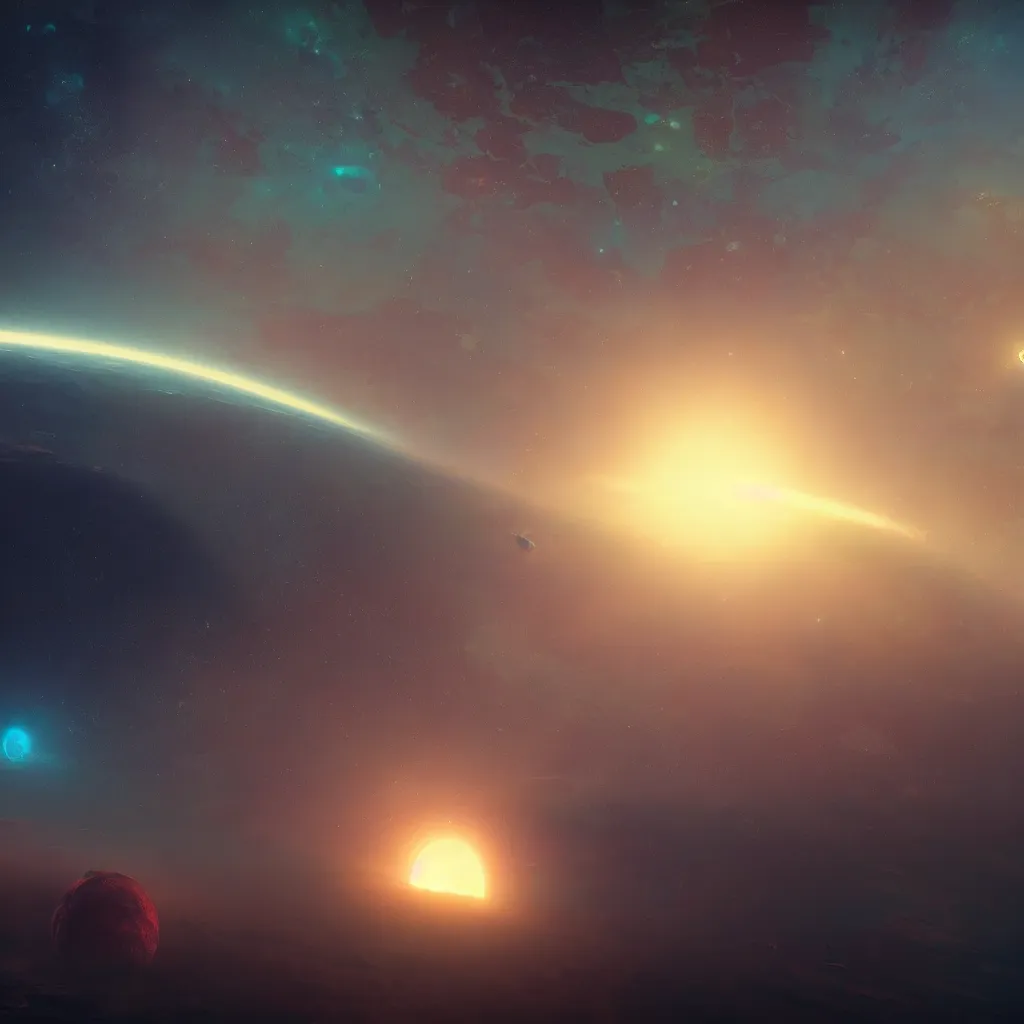 Image similar to a colorful exoplanet, horizon, view from space, artstation, cinematic, by greg rutkowski, scifi, digital art, digital painting, unreal engine, 8 k, volumetric lighting, contrast