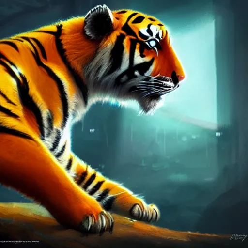 Image similar to adorable glowing tiger, trending on art station, cute, big eyes, matte painting, concept art, pixar, disney, highly detailed, cinematic composition, unreal engine, sharp focus, realistic