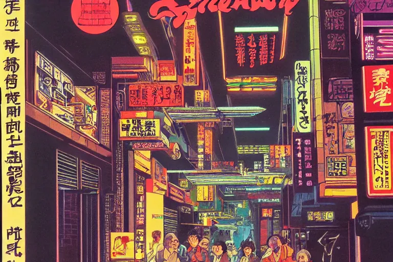 Prompt: 1 9 7 9 science fiction magazine cover depicting a row of shops downtown in neo - tokyo. in the style of bladerunner concept art by syd mead