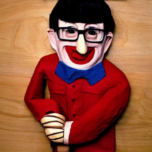 Prompt: !!! john oliver!!! as a puppet, wood - carving, colorful,