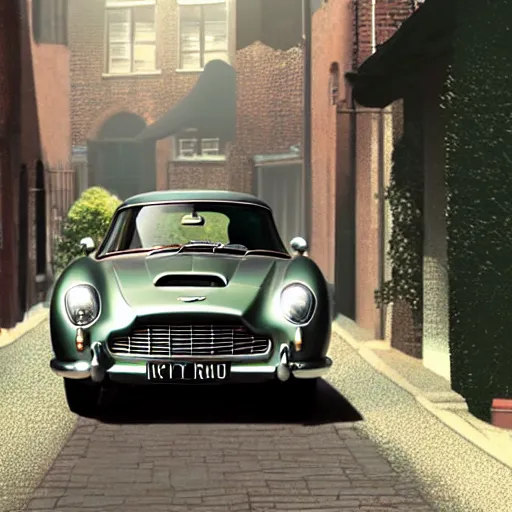 Prompt: a wholesome animation key shot of a toy aston martin db 5, in a rich london mews residential street, medium range, studio ghibli, ( pixar ) and disney animation, sharp, very detailed, unreal engine 5 render, bloom, high resolution, anime key art by greg rutkowski