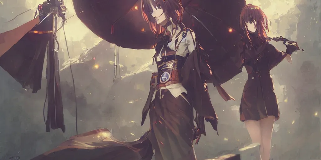 Image similar to anime kyoto animation key by greg rutkowski night, hakama, steampunk girl space pilot