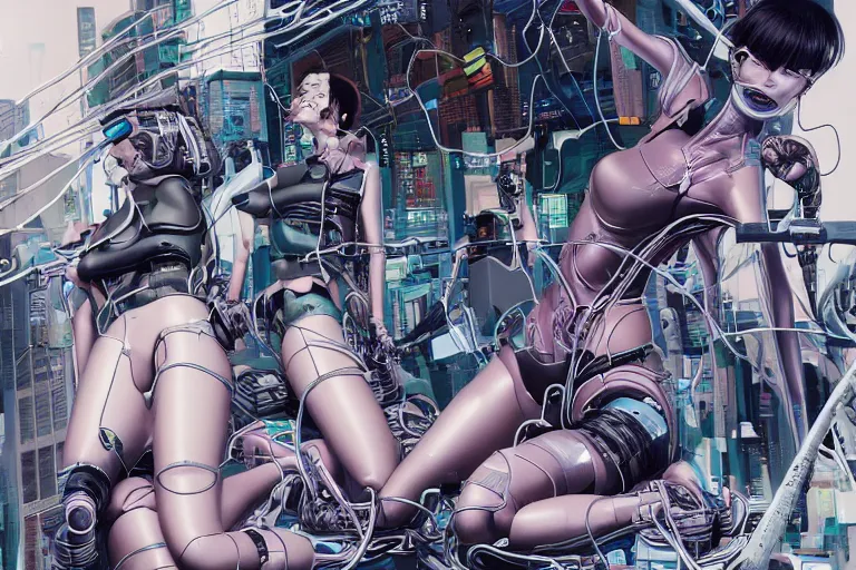 Image similar to a finely composed cyberpunk illustration of a group of female androids in style of hajime sorayama, lying on an abstract, empty, white floor with their body parts scattered around and cables and wires coming out, by katsuhiro otomo and masamune shirow, hyper-detailed, intricate, colorful, view from above, wide angle, close up, beautiful