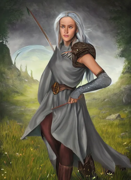 Image similar to A fantasy comic book roleplaying game style portrait painting of Maika Monroe as a grey elf in a mountain meadow sanctuary, DAZ, hyperrealistic, ambient light, dynamic light