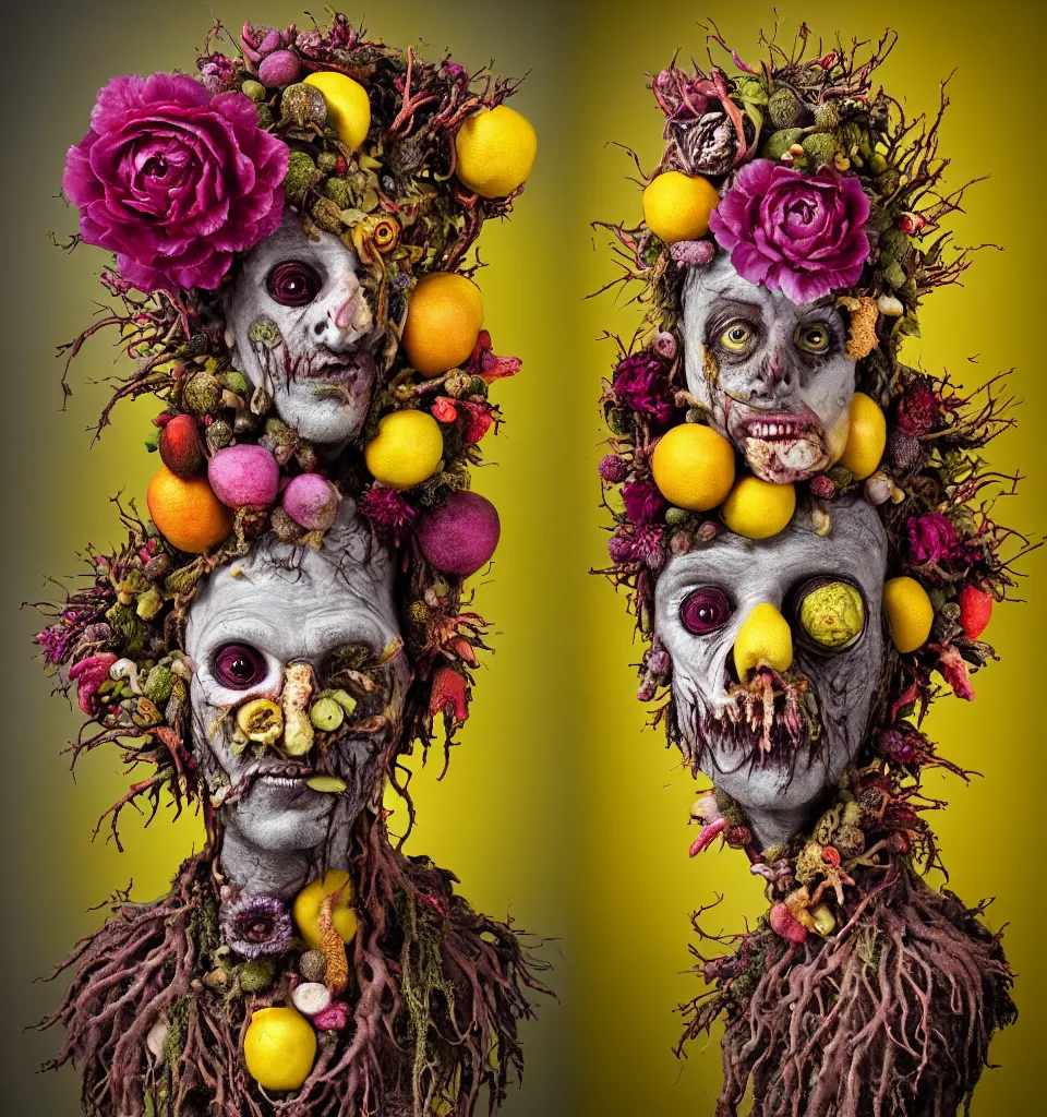 Image similar to headshot portrait of a trickster nature zombie, head made of fruit and flowers in the style of arcimboldo, fragonard, covered with tendrils roots and snail shells, oil painting, ethereal, atmospheric lighting, action figure, clay sculpture, claymation, gray yellow and magenta, botanical rainbow backdrop