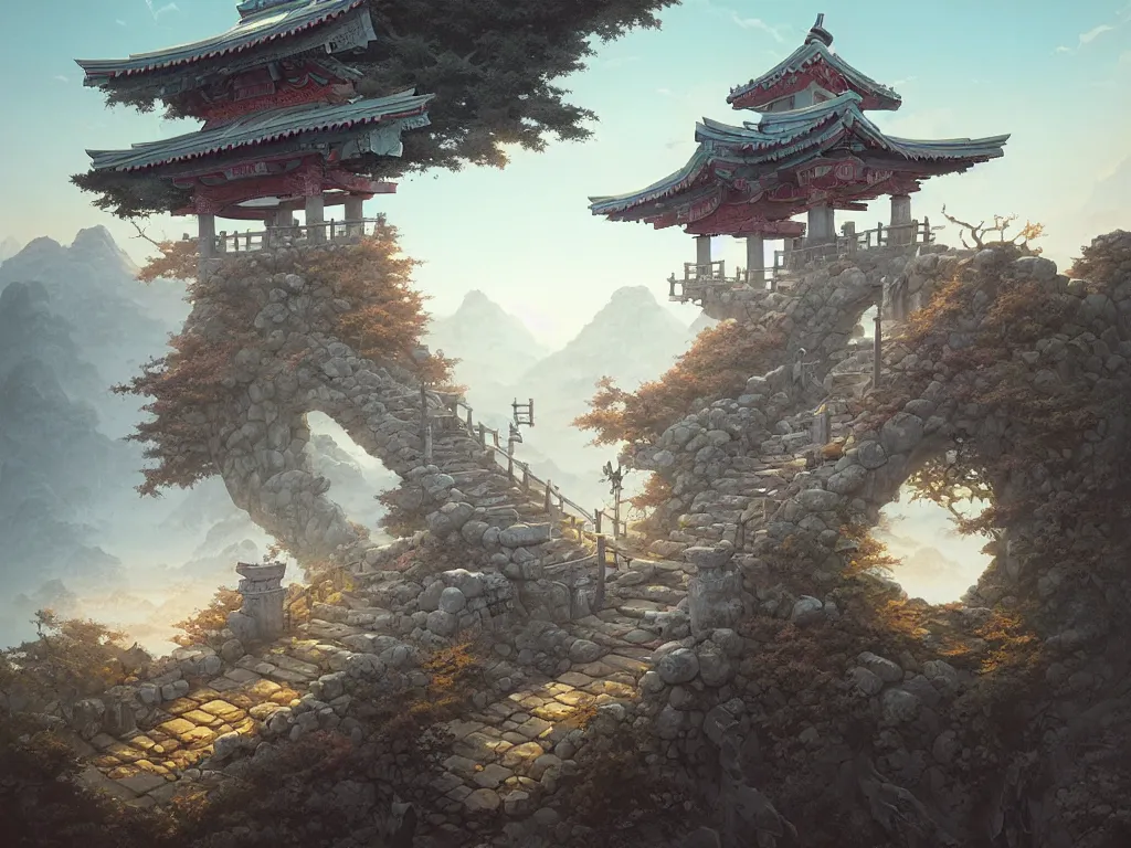 Prompt: a simple shinto gate stands atop stone stairs on a mountain, by peter mohrbacher and dan mumford and nekro, cgsociety, volumetric light, 3 d render