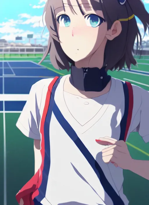 Prompt: portrait of high school runner girl, sunny sky background stadium landscape illustration concept art anime key visual trending pixiv fanbox by wlop and greg rutkowski and makoto shinkai and studio ghibli and kyoto animation real face symmetrical facial features short down hair sports clothing marathon race sponsors nike shirt